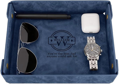 Engraved Father’s Day Leather Valet Tray – Personalized Leather Catch All with Custom Name – Men’s Valet Tray Organizer for Keys, Watches, and Jewelry – Unique Dad Gift from Daughter or Son - Blue