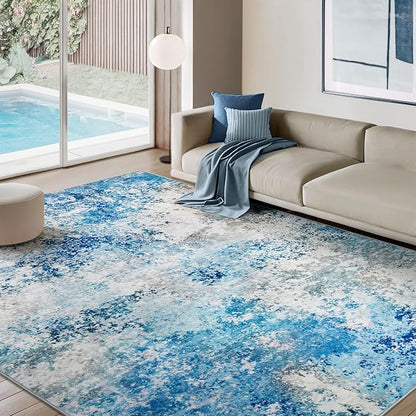 10x14 Area Rugs Living Room Rug - Washable Neutral Modern Abstract Large No Slip Soft Thin Rug Indoor Floor Carpet for Bedroom Under Dining Table Home Office Nursery Room - Blue White