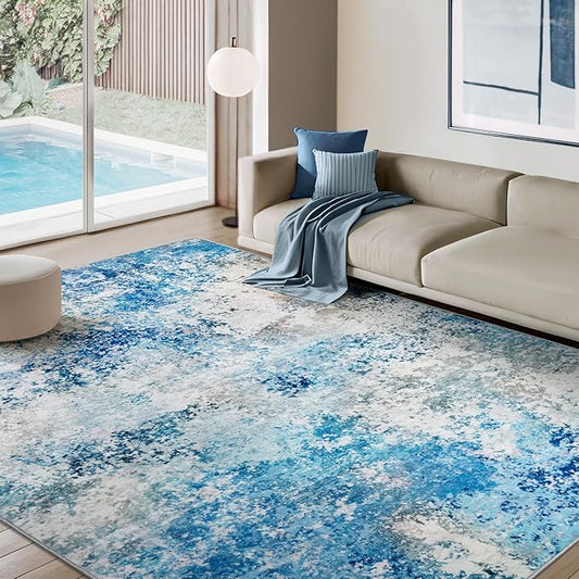 10x14 Area Rugs Living Room Rug - Washable Neutral Modern Abstract Large No Slip Soft Thin Rug Indoor Floor Carpet for Bedroom Under Dining Table Home Office Nursery Room - Blue White