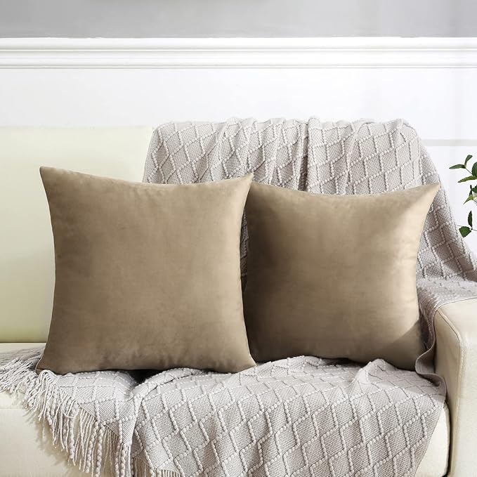Jeneoo Light Brown Decorative Throw Pillow Covers Velvet Super Soft Thick Solid Square Euro Cushion Cases Pillowcase for Sofa Living Room Decor, Set of 2, 18 x 18 Inches