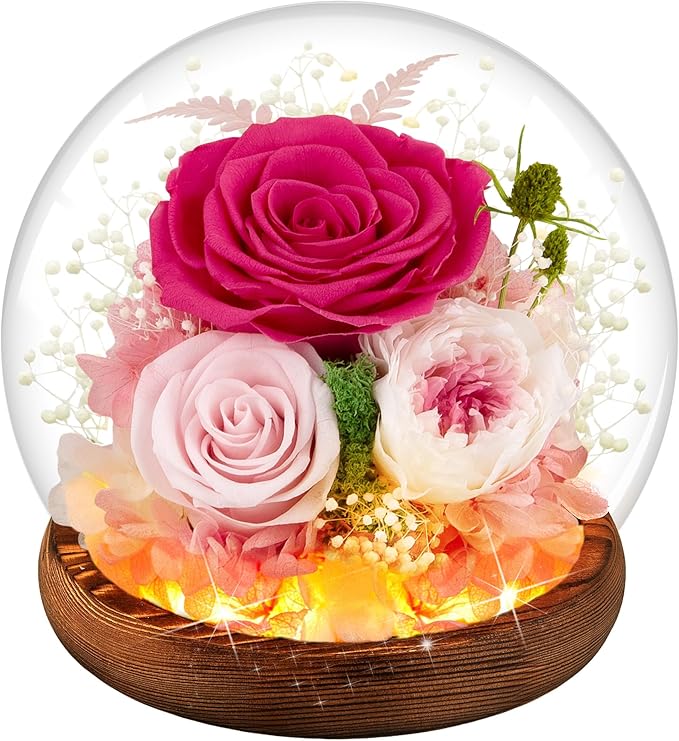 Pink Rose Birthday Gifts for Women Forever Flowers for Delivery Real Rose in Glass Dome with LED Strip, Preserved Flowers Gifts for Wife Girlfriend Mom on Wedding Anniversary