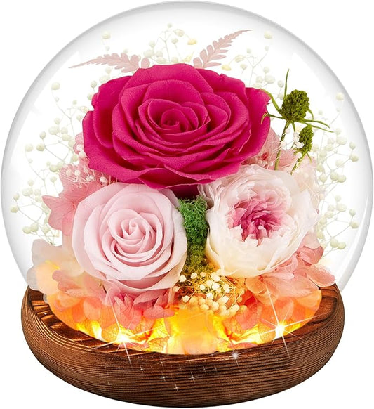 Pink Rose Birthday Gifts for Women Forever Flowers for Delivery Real Rose in Glass Dome with LED Strip, Preserved Flowers Gifts for Wife Girlfriend Mom on Wedding Anniversary