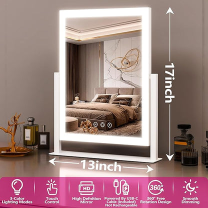 Hollywood Vanity Mirror with Lights, 17" L x 13" W LED Lighted Makeup Mirror, Dimmable & Three Color Lighting Modes, 10X Magnification Mirror, CRI>95% HD, 20W High Brightness (96 LED)