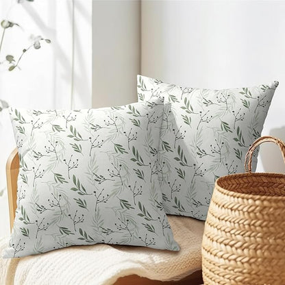 Sage Green Spring Pillow Covers 20x20 Set of 2 Leaves Throw Pillow Covers Neutral Pillowcase Linen Decoration Farmhouse Soft Decorative Plants Vintage Cushion Case Couch for Indoor Outdoor Home Decor