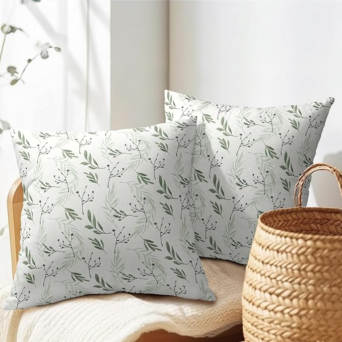 Sage Green Spring Pillow Covers 22x22 Set of 2 Leaves Throw Pillow Covers Neutral Pillowcase Linen Decoration Farmhouse Soft Decorative Plants Vintage Cushion Case Couch for Indoor Outdoor Home Decor
