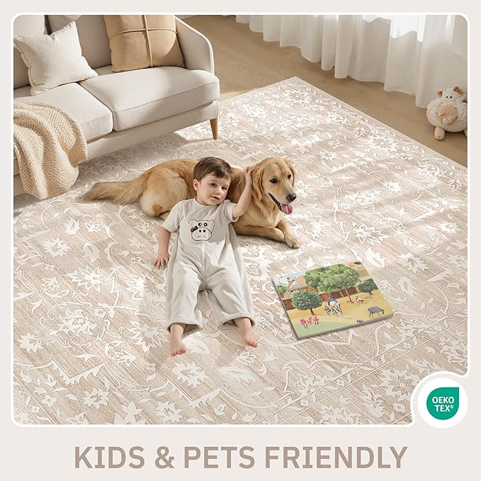 10x14 Area Rugs for Living Room Large Washable Rugs for Bedroom Floral Vintage Non-Slip Thin Area Rug Indoor Home Office Decor Beige