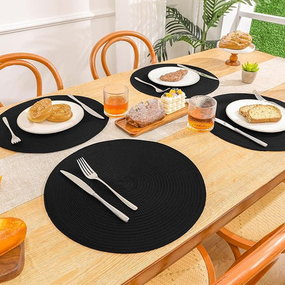 SHACOS Round Braided Placemats Set of 4 Heavy Cotton Polyester Washable Round Table Mats for Dining Tables 15 inch Non Slip Heat Resistant (Black, 4)