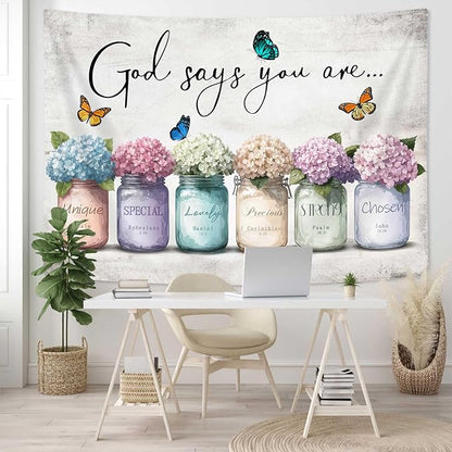 DYNH Inspirational Bible Verse Tapestry, God Says You Are Wall Sayings Flowers in Mason Jar Wall Hanging,Quotes Tapestries for Bedroom Living Room Dorm TV Backdrop,Beach Blanket,80x60In