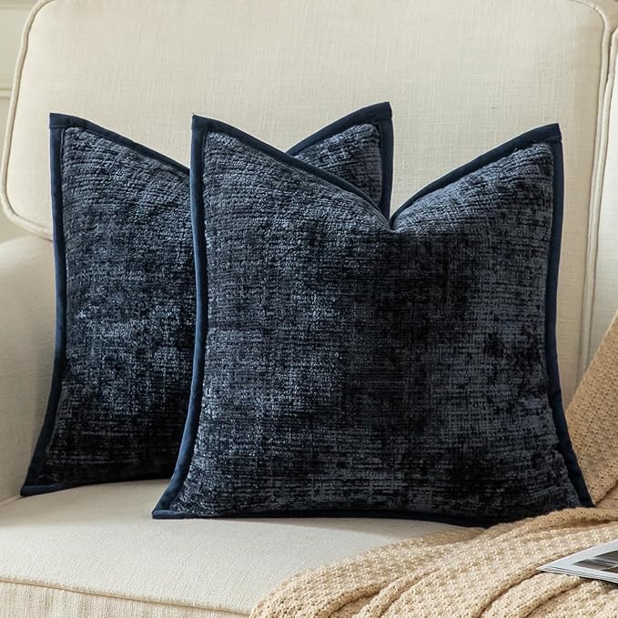Yaertun Pack of 2 Chenille Textured Decorative Throw Pillow Covers Accent Solid Cushion Cover Soft Cozy Pillow Case with Velvet Back for Couch Sofa Bed Living Room 22x22 Inch Dark Blue