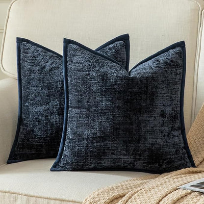 Yaertun Pack of 2 Chenille Textured Decorative Throw Pillow Covers Accent Solid Cushion Cover Soft Cozy Pillow Case with Velvet Back for Couch Sofa Bed Living Room 22x22 Inch Dark Blue
