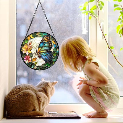 DASTOLL Stained Glass Window Hanging, Butterfly Flower Sun Catchers Diamond Glass Panel Hangings Insect Suncatcher Decor for Birthday for Women, Men, Wife, Aunt, and Mom 7.8 in