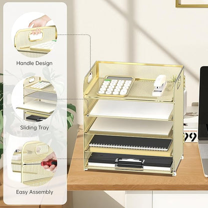 Supeasy 5 Trays Paper Organizer Letter Tray with Handle-Mesh Desk File Organizer, Paper Sorter Desk Organizer for Office, Home or School (Golden)