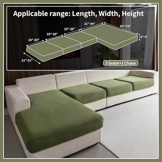 Sectional Couch Covers, Wear Resistant Stretch Sofa Covers Washable Soft Couch Cushion Covers Anti Slip Furniture Protector Sofa Slipcovers for Pets(4 Pieces 3 Seaters+1 Chaise, Green)