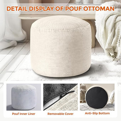 Pouf Ottoman Foot Rest, Comfortable & Soft, Round Footstool Ottoman for Living Room, Bedroom, Office, Room Decoration, Corduroy Foot Stool Pouf with Odorless & Anti-Clump Filling, Small Beige