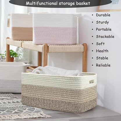 COMFY-HOMI 3 pcs Large Storage Baskets for Shelves, Laundry Basket, Woven Rope Basket, Closet Organizer Bins for Clothes Blanket Towels, Baby Nursery, Gift Toy Baskets, 17” x 13” x 7.5”-White/3 Brown