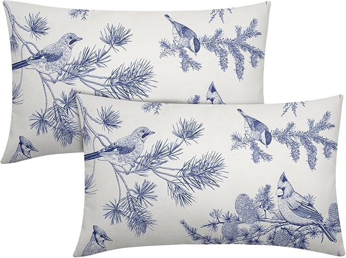 White Blue Bird Pillow Covers 12x20 Set of 2 Decorations Chinoiserie Vintage Throw Pillow Covers Decor Rustic Pillowcases Oriental Pattern Farmhouse Cozy Soft for Sofa Bed Chair Home Decorative