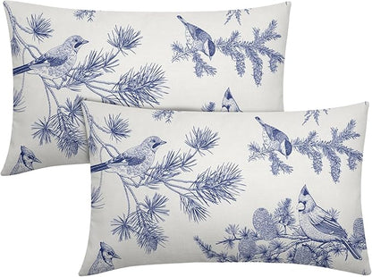 White Blue Bird Pillow Covers 12x20 Set of 2 Decorations Chinoiserie Vintage Throw Pillow Covers Decor Rustic Pillowcases Oriental Pattern Farmhouse Cozy Soft for Sofa Bed Chair Home Decorative