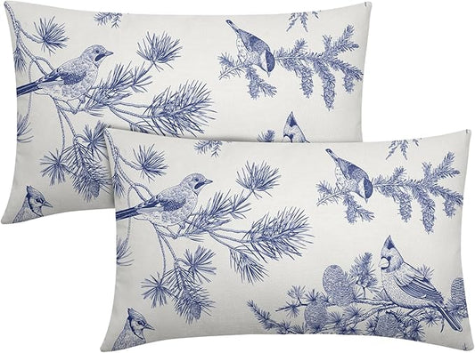 White Blue Bird Pillow Covers 12x20 Set of 2 Decorations Chinoiserie Vintage Throw Pillow Covers Decor Rustic Pillowcases Oriental Pattern Farmhouse Cozy Soft for Sofa Bed Chair Home Decorative