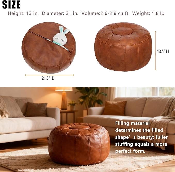 Thgonwid Unstuffed Moroccan Ottoman Pouf Cover, Ottoman Footstool Storage Solution, Bean Bag Chair, Foot Rest, Brown
