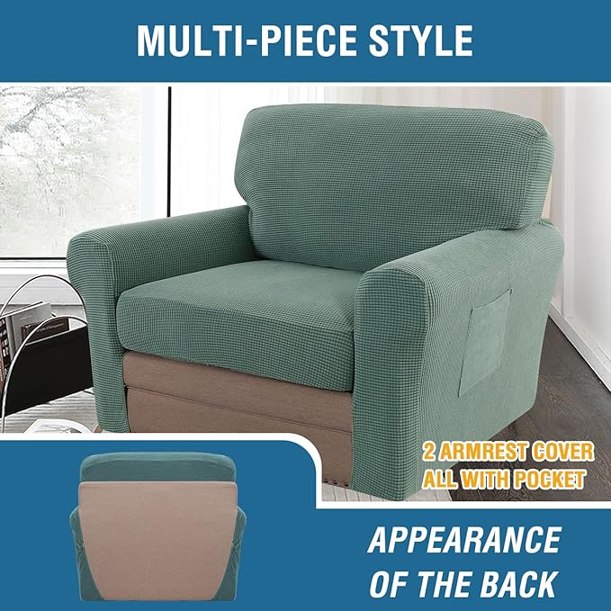 H.VERSAILTEX Multi-Pieces Chair Covers Stretch Couch Covers Form Fitted Seat and Back Cushions Covers (1 Seat Cover Plus 1 Back Cusion Cover, Bonus 2 Armrest Covers), Sage