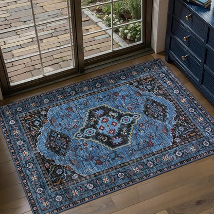 Tangsoo Blue 2x3 Washable Rugs for Entryway Oriental Non Slip Small Area Rug, Vintage Indoor Front Door Rug, Print Door Mat Indoor Entrance Soft Low Pile Throw Rug for Entry Kitchen Bedroom Blue/Black