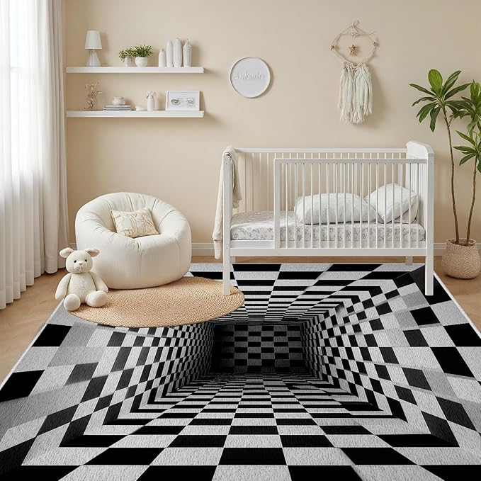 Optical Illusion Rug - Black and White Rug for Living Room, Soft Ultra Soft Faux Wool 5x7 Area Rugs Floor Mats, Non Slip&Non-Shedding Low Pile Checkered Washable Rugs, Abstract Geometric Carpet