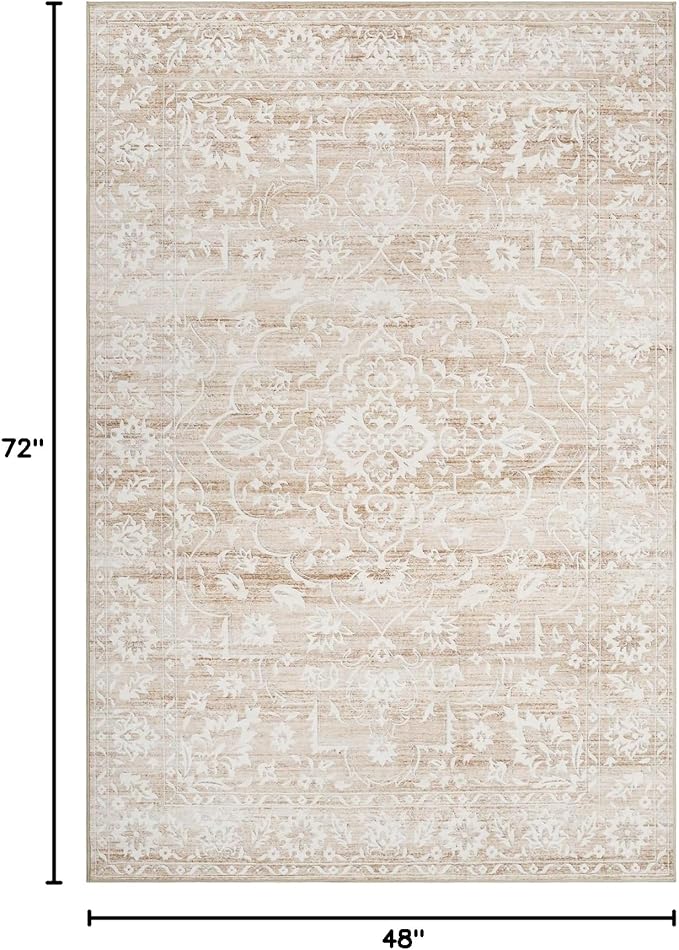 Area Rugs 4x6 for Living Room, Stain Resistant Neutral Washable Rugs for Dining Room, Kitchen, Floral Vintage Non-Slip Area Rug Farmhouse 4x6 Beige Rug