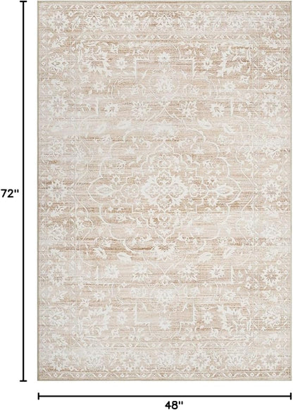 Area Rugs 4x6 for Living Room, Stain Resistant Neutral Washable Rugs for Dining Room, Kitchen, Floral Vintage Non-Slip Area Rug Farmhouse 4x6 Beige Rug