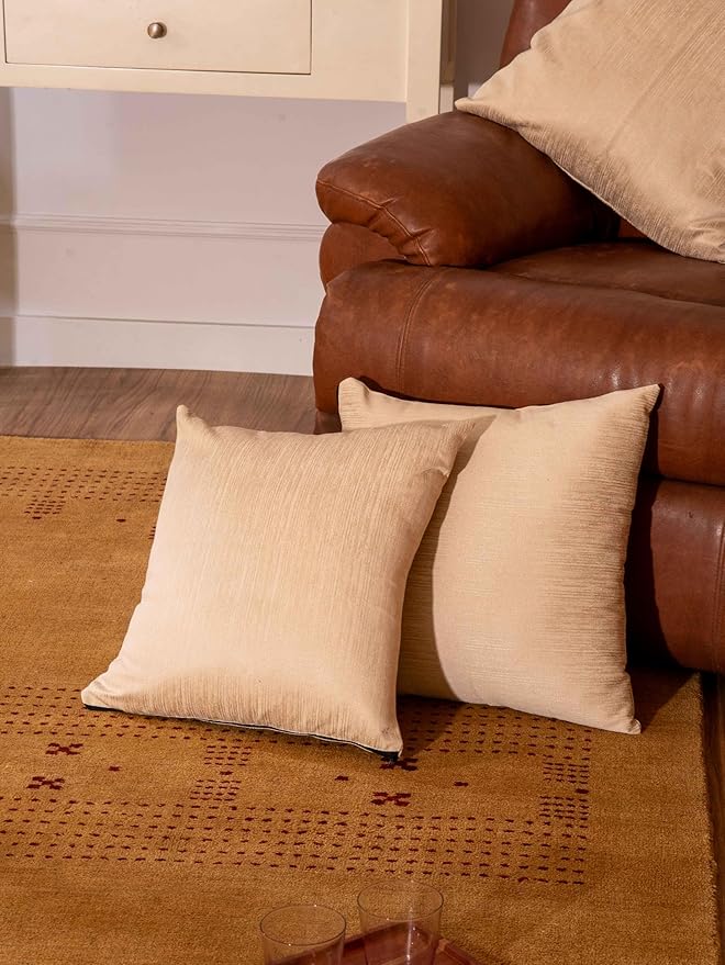 Decorative Cushion Covers, 360 GSM Poly Cotton Jacquard Fabric, Plain Solid Textured, Beige, 18" x 18", Handmade, Eco-Friendly, Pack of 2