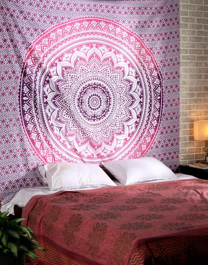 raajsee Large Pink Ombre Mandala Tapestry Wall Hanging,Indian Cotton Beach Throw Blanket Hippie Bohemian Elephant Queen Boho Décor,Meditation Yoga Mat Rugs 82x92 Inches