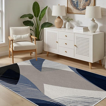 Abstract Art Line Living Room Area Rugs 4x5, Modern Boho Geometric Print Soft Rug, Minimalist Washable Non Slip Neutral Carpet for Bedroom, Dining Room Office Playroom, Navy Blue Gray