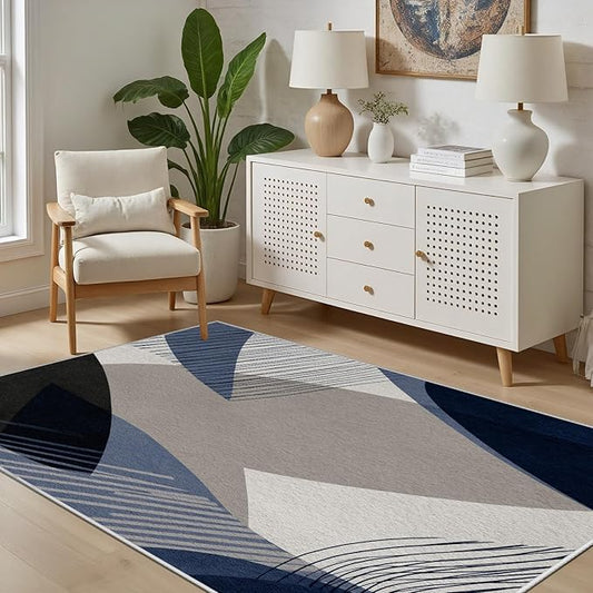 Abstract Art Line Living Room Area Rugs 2x3, Modern Boho Geometric Print Soft Rug, Minimalist Washable Non Slip Neutral Carpet for Bedroom, Dining Room Office Playroom, Navy Blue Gray