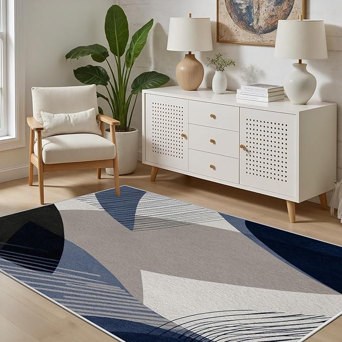 Abstract Art Line Living Room Area Rugs 4x6, Modern Boho Geometric Print Soft Rug, Minimalist Washable Non Slip Neutral Carpet for Bedroom, Dining Room Office Playroom, Navy Blue Gray