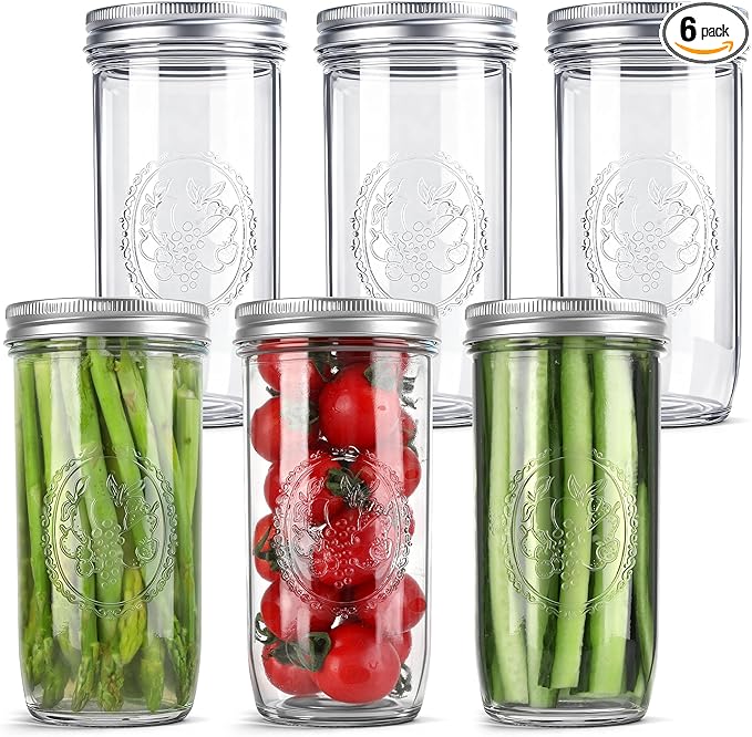 Mason Jars 24 oz Wide Mouth with Measurement Marks–12Pack Glass Canning Jars with Airtight Leakproof Lids & Bands, BPA-Free for Meal Prep, Fermentation, Pickling & Storage (clear 6pack 24oz)