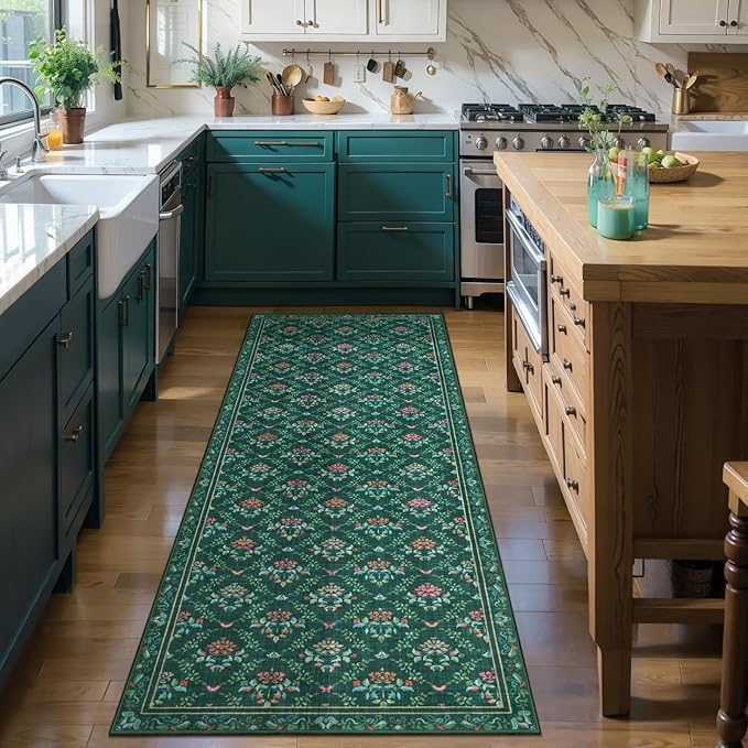 Tangsoo 2x6 Washable Runner Rug for Hallways, Non Slip Green Floral Carpet Runner, Soft Low Pile Floor Carpet Runner for Kitchen, Laundry, Bedroom, Bathroom, Living Room Home Decor