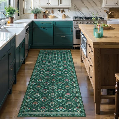 Tangsoo 2x6 Washable Runner Rug for Hallways, Non Slip Green Floral Carpet Runner, Soft Low Pile Floor Carpet Runner for Kitchen, Laundry, Bedroom, Bathroom, Living Room Home Decor