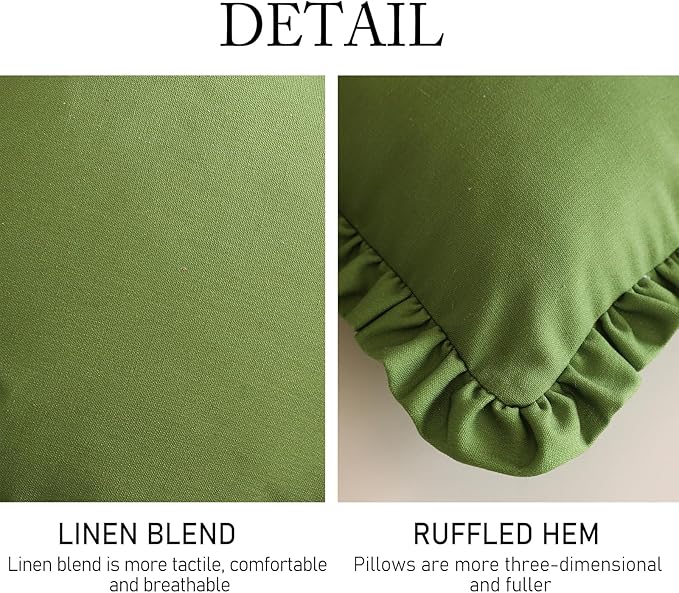 ISAENNE Classic Green Round Throw Pillow Cover Diameter 16", Solid Color Cottage Linen Cotton Decoration Pillow Cover with Ruffles, Sturdy Throw Pillow Case for Couch Sofa Bed Living Room