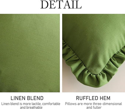 ISAENNE Classic Green Round Throw Pillow Cover Diameter 16", Solid Color Cottage Linen Cotton Decoration Pillow Cover with Ruffles, Sturdy Throw Pillow Case for Couch Sofa Bed Living Room