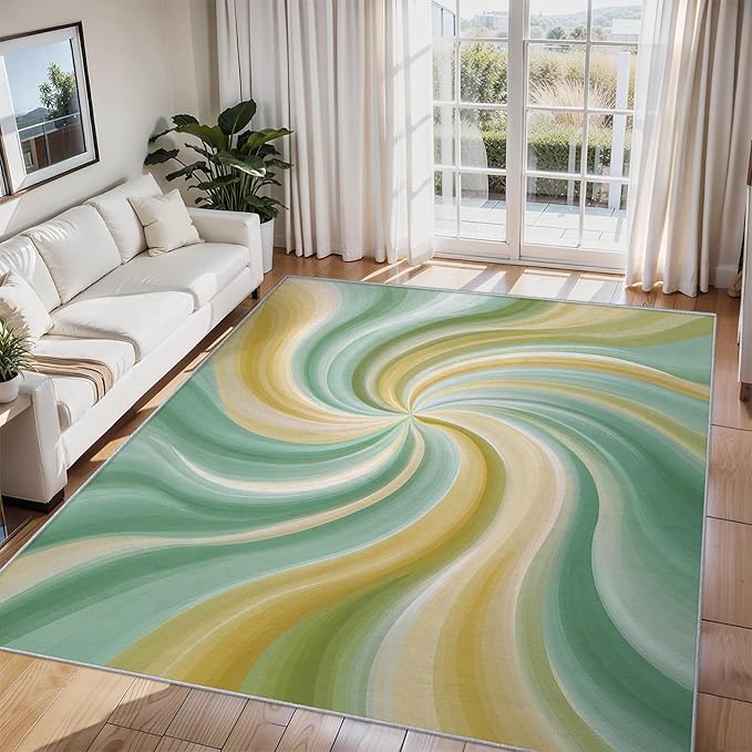 3x5 Yellow Green Swiral Rugs for Bedroom Decor, Washable Modern Abstract Art Pattern Area Rug, Living Room Home Decoration, Non Slip Soft Thin, Trippy Hippie Spiral Decor Carpet PF-P 56