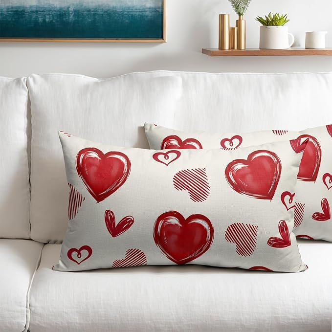 Valentines Day Pillow Covers 12x20 Set of 2 Beige Red Heart Throw Pillow Covers Love Pillowcase Linen Decoration Farmhouse Holiday Cozy Soft Cushion Case Couch for Indoor Outdoor Home Decor