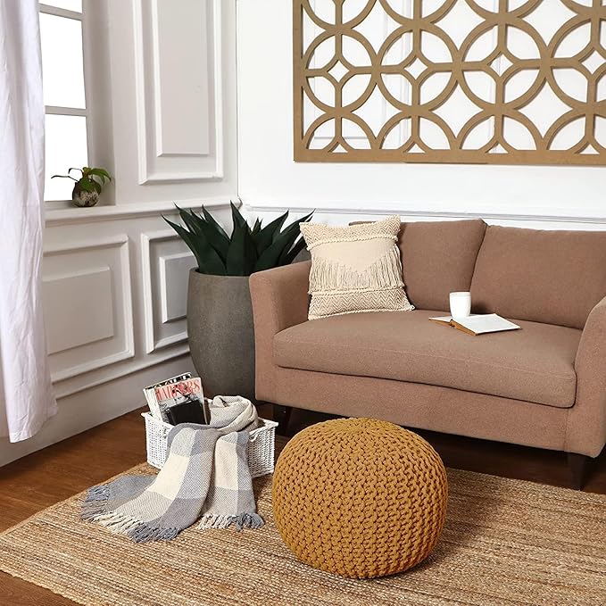 REDEARTH · Round Pouf Foot Stool Bean Bag Ottoman - Hand Knitted Boho Pouffe - Home Decor Poof - Stuffed Foot Rest for Living Room - Nursery - Bedroom - Patio (19.5"x19.5"x14") - Mustard, Set of 2
