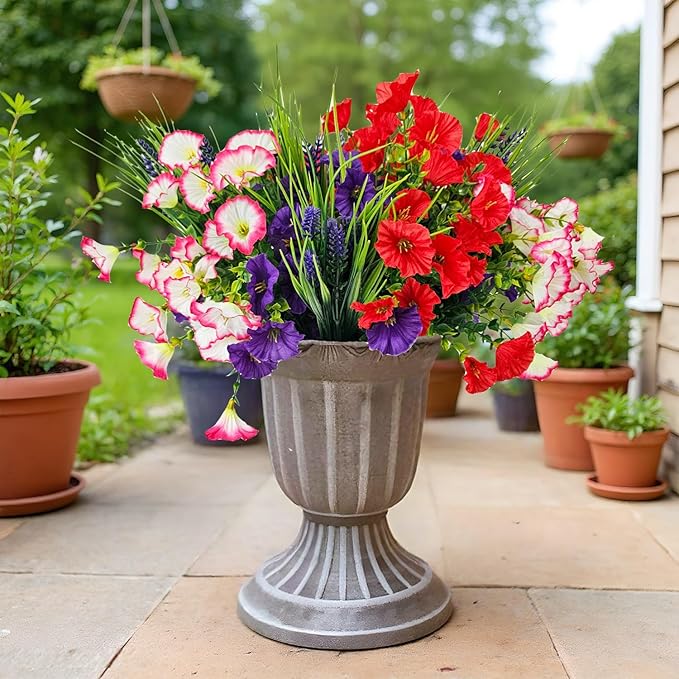Artificial Silk Flowers for Outdoor Decoration,12 Bundles Faux Flowers Colorful Morning Glory with Eucalyptus Fake Plants Greenery UV Resistant for Outside Front Door Planter Porch Patio Yard
