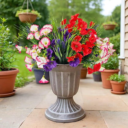 Artificial Silk Flowers for Outdoor Decoration,12 Bundles Faux Flowers Colorful Morning Glory with Eucalyptus Fake Plants Greenery UV Resistant for Outside Front Door Planter Porch Patio Yard