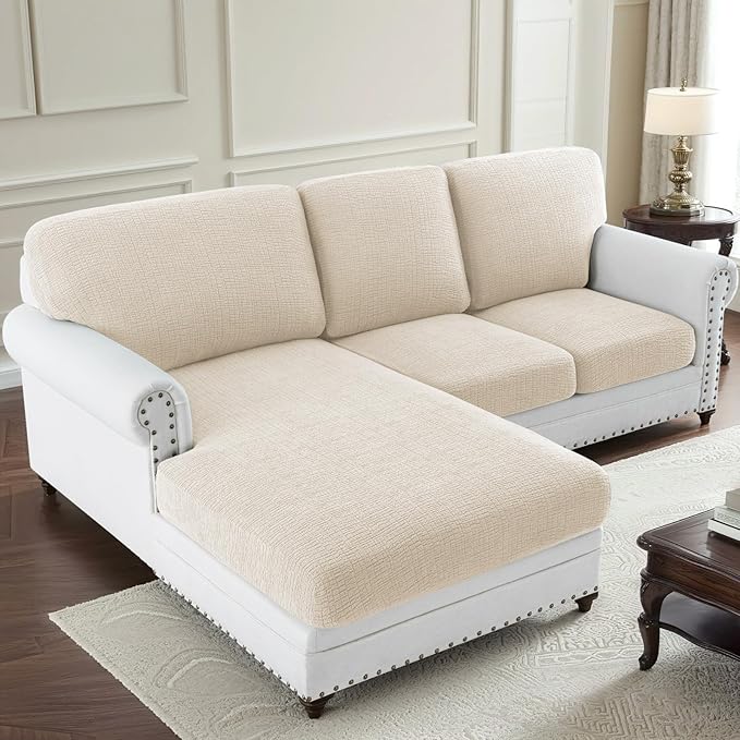 H.VERSAILTEX Super Stretch Individual Jacquard Couch Cushion Covers Furniture Protector Spandex Anti-Slip Soft Thickened Slipcovers Easy Install, (1 PC, Large Chaise Couch Cover, Ivory)