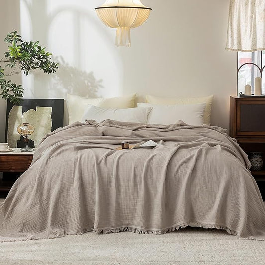 FOSSA Muslin Blanket with Fringe - 4-Layer 100% Cotton Gauze Super Soft & Breathable Throw -Lightweight Decorative Cooling Blanket for Bed, Sofa, Office (Beige Gray, Queen (90" × 90"))
