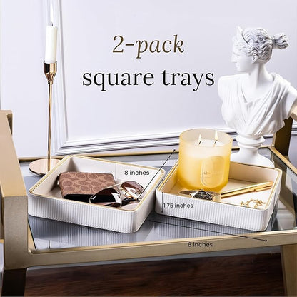 2 Pack White Catch All Trays for Jewelry| Small Leather Valet Tray| Key Bowl for Entryway Table EDC Trinket Tray Catch All| Perfume Trays for Dresser Organizer Perfume Holder (Set of 2)