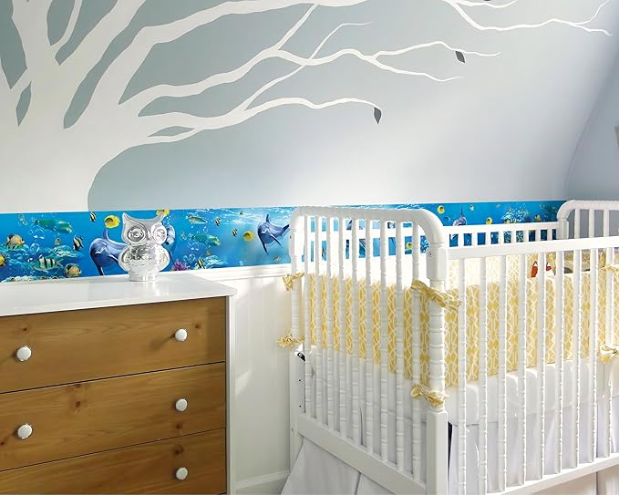 FLFK Peel and Stick Wallpaper Border Wall Decals for Kids Room - Under The Sea Fish Stickers Murals, 7" x 240" (Blue)