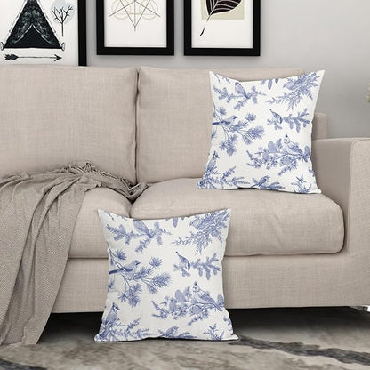 White Blue Bird Pillow Covers 18x18 Set of 2 Decorations Chinoiserie Vintage Throw Pillow Covers Decor Rustic Pillowcases Oriental Pattern Farmhouse Cozy Soft for Sofa Bed Chair Home Decorative