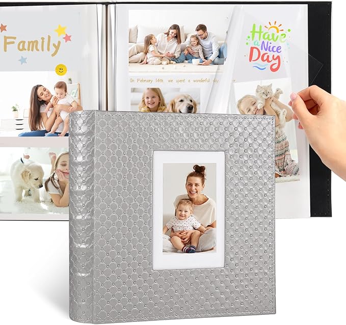 RECUTMS 30 DIY Photo Albums with Sticky Pages Button Grain Leather Cover 4x6 5x7 8x10 Photos of Any Size Wedding Photo Album Baby Picture Book Family Scrapbook Photo Album (Gray)