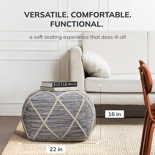 Anji Mountain 100% Handmade & Handcrafted Comfortable Home Décor Pouf Ottoman Footrest for Living Room, Bedroom, Nursery, Kidsroom, Patio Furniture - (22" x 22" x 16"- Ivory,Blue)